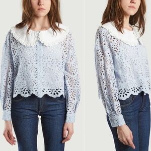 Maje Guipure Lace Top - Size 3 (Large, fits like Medium) Pale Blue / White